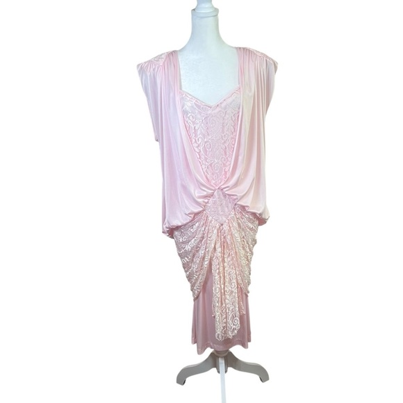 Vintage 1980s Pink Satin Lace Drop Waist Flapper Dress Steppin Out Size 9 (10) - Picture 1 of 12